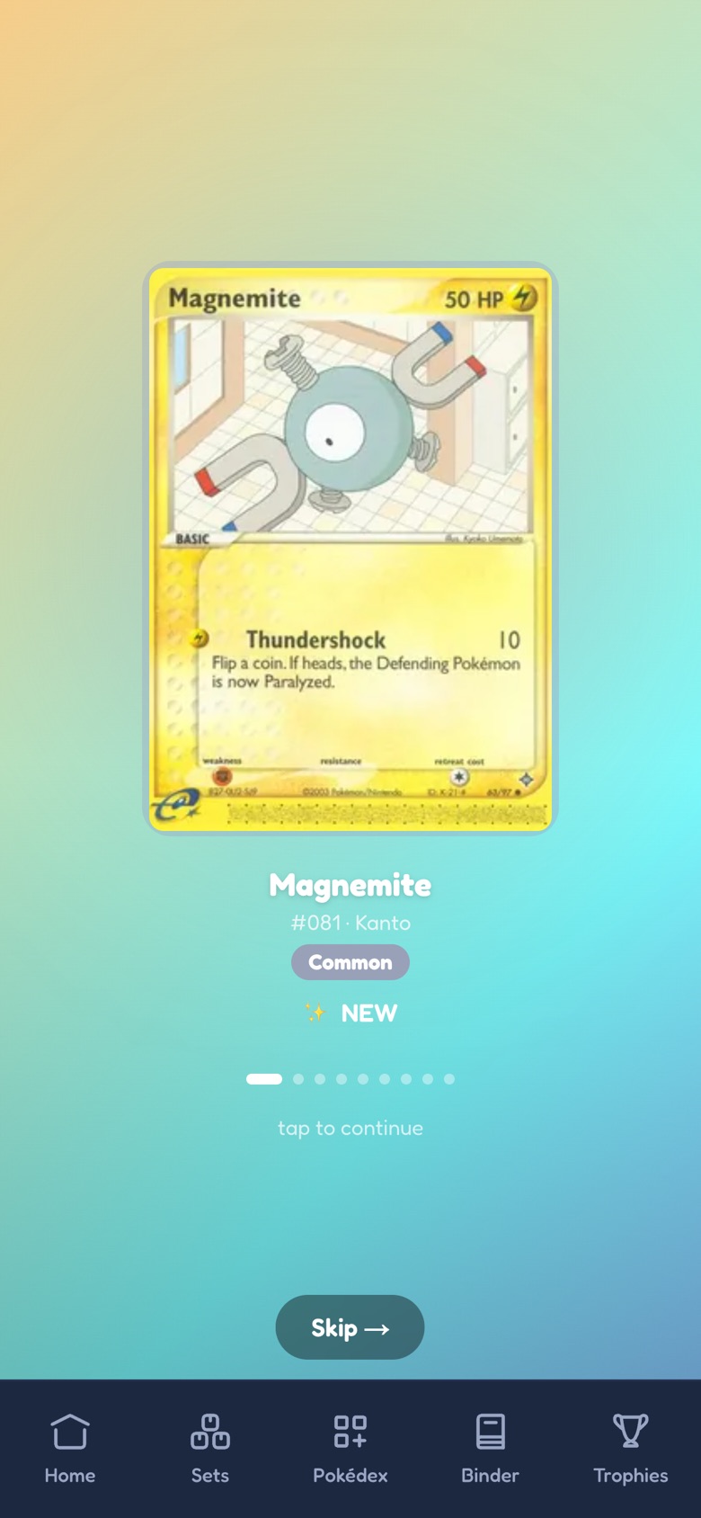 A freshly opened pack in the pokedex, revealing a new card.