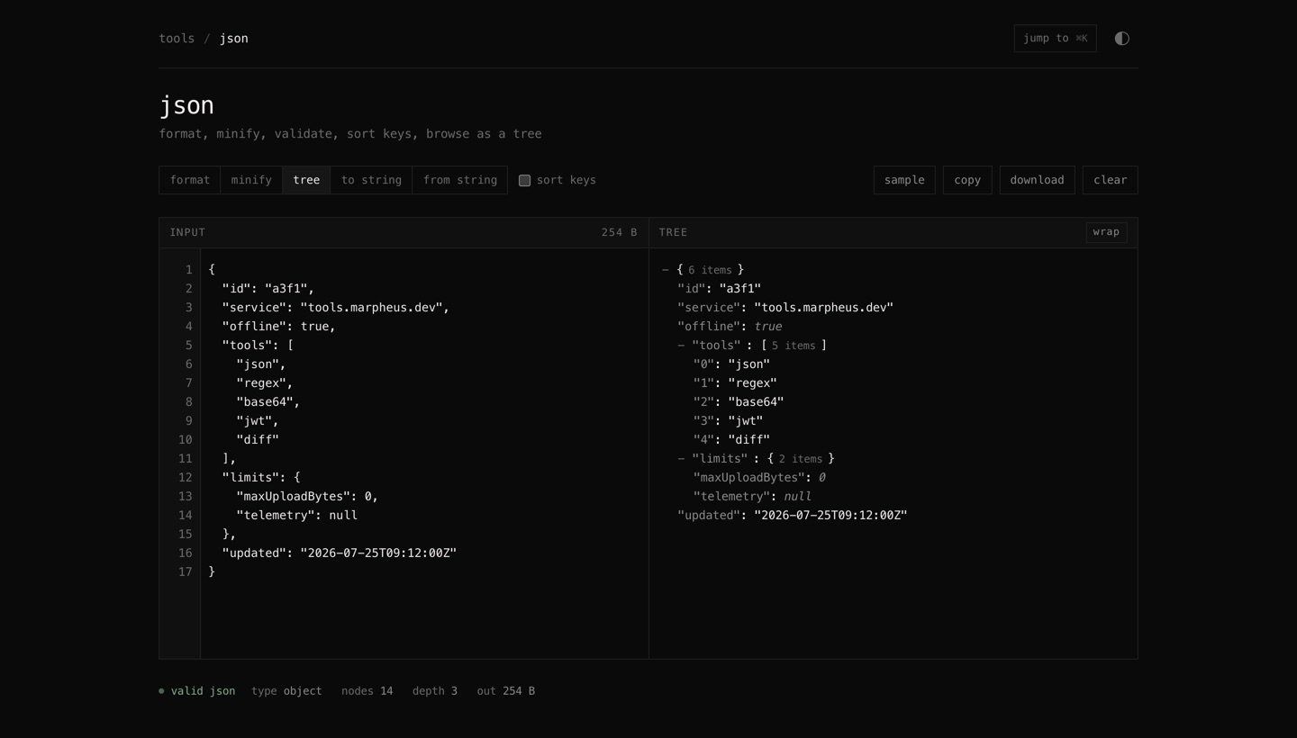The json tool, with a formatted document on the left and the same document as a tree on the right.