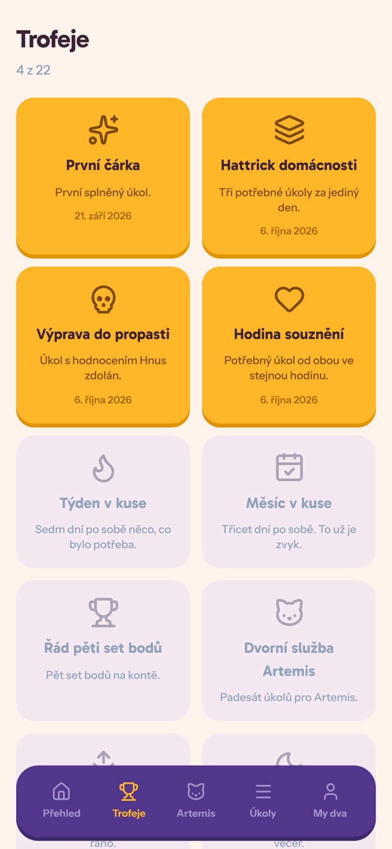 The trophies screen in uklidto: four earned trophies in yellow, the rest still greyed out.